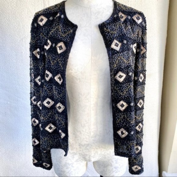 Vintage 70s M Beaded Print Open Jacket Cardigan - Picture 4 of 8